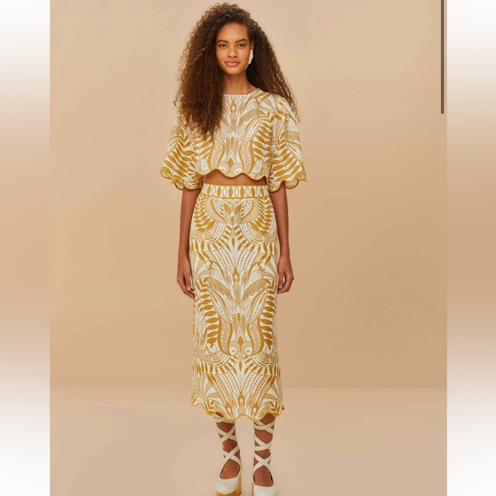 Farm Rio Off-White Lace Nature Euroflax™ Premium Linen Midi Skirt and top